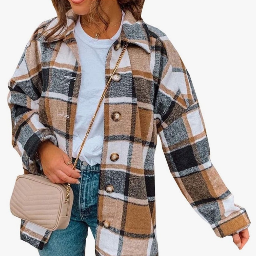 Women's Casual Fall Plaid Shacket Jacket Flannel Wool Blend Shirt Jacket
